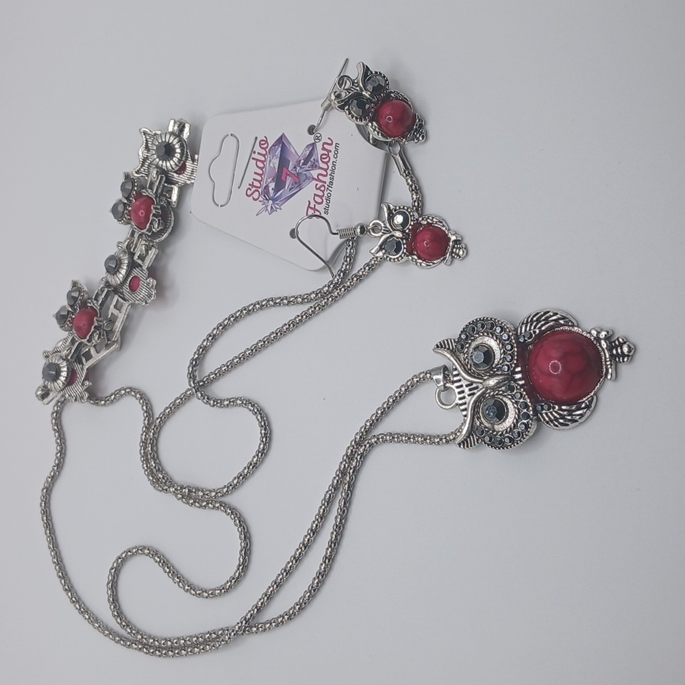 Crackle Owl Necklace Earring Bracelet Set